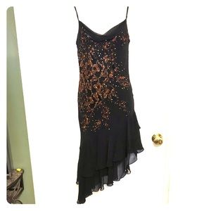 Sue Wong asymmetric silk beaded brown/gold dress